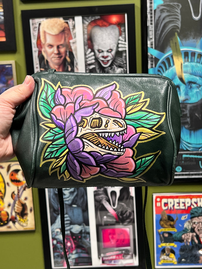 Hand Painted Dino Flower Painted Vintage Leather Handbag