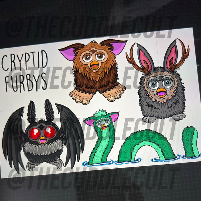 Furby Cryptids Bigfurb,Loch Ness Furb, Jackofurb, MothFurb, Fresno Nightfurb pin or sticker