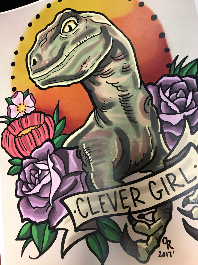 Clever Girl Raptor Jurassic Park Inspired Tattoo Flash Art Print 8.5