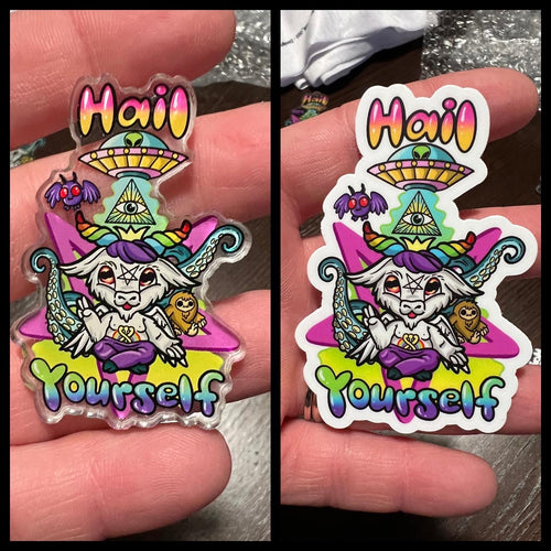 Hail Yourself Rainbow Baphomet pin, sticker or earrings